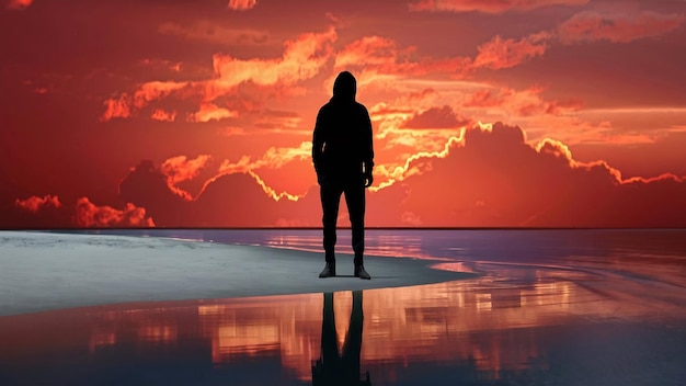 Silhouette d'une personne debout sur une plage sous un ciel nuageux lors d'un coucher de soleil à couper le souffle