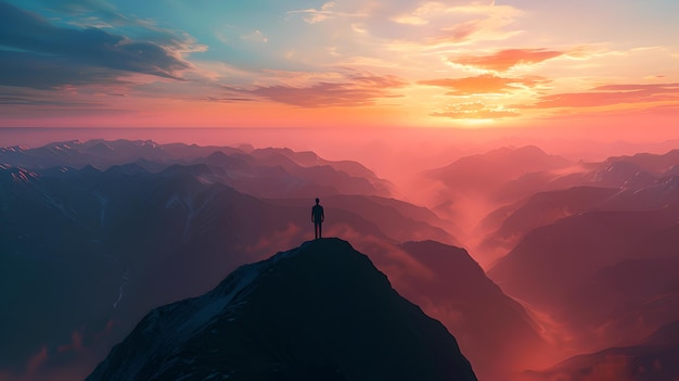 Silhouette d'une personne debout sur un sommet de montagne au coucher du soleil paysage inspirant serein représentant la solitude et l'aventure parfait pour les voyages et les thèmes motivationnels IA