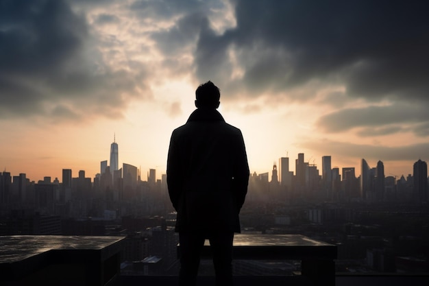 La silhouette d'une personne debout sur le toit d'une ville et regardant l'horizon représentant la vie urbaine