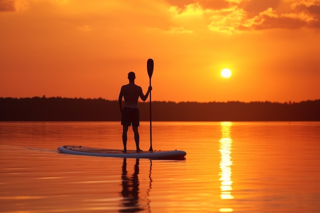 Silhouette d'une personne faisant du paddle au lever ou au coucher du soleil l'été