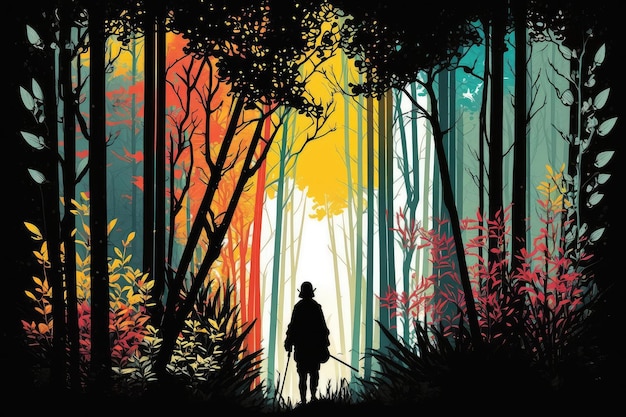 Silhouette d'une personne marchant dans la forêt avec de grands bambous et des fleurs colorées