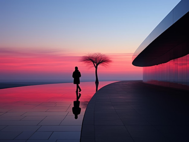 silhouette d'une personne marchant le long d'une passerelle au coucher du soleil