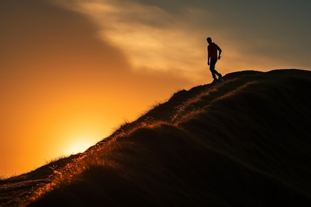 Photo silhouette d'une personne montant la colline au coucher du soleil aspect esthétique