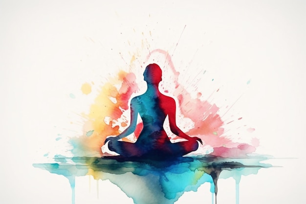 Silhouette d'une personne en position de yoga lotus dans un style aquarelle Créé avec Generative AI