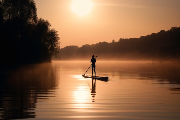 La silhouette d'une personne pratiquant le yoga sur un paddleboard représentant la pleine conscience et la connexion