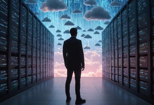 La silhouette d'une personne se tient dans un centre de données futuriste. Les nuages et les serveurs symbolisent la connectivité.