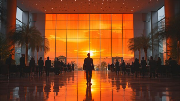 La silhouette d'une personne se tient dans le hall en regardant le beau coucher de soleil après une conférence d'affaires