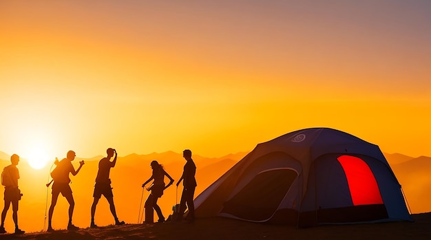 Une silhouette de personnes du groupe s'amuse au sommet de la montagne près de la tente pendant le coucher du soleil