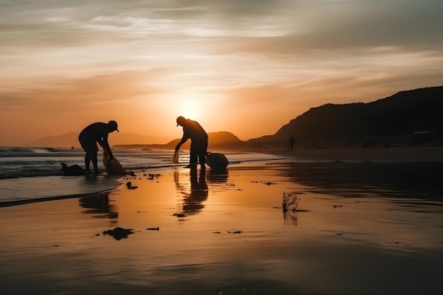 Silhouette de personnes ramassant des ordures sur la plage le soir au coucher du soleil