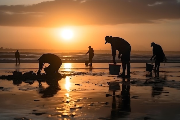 Silhouette de personnes ramassant des ordures sur la plage le soir au coucher du soleil