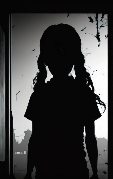 Silhouette de petite fille debout avec un grand monstre effrayant devant son horreur et terrifier