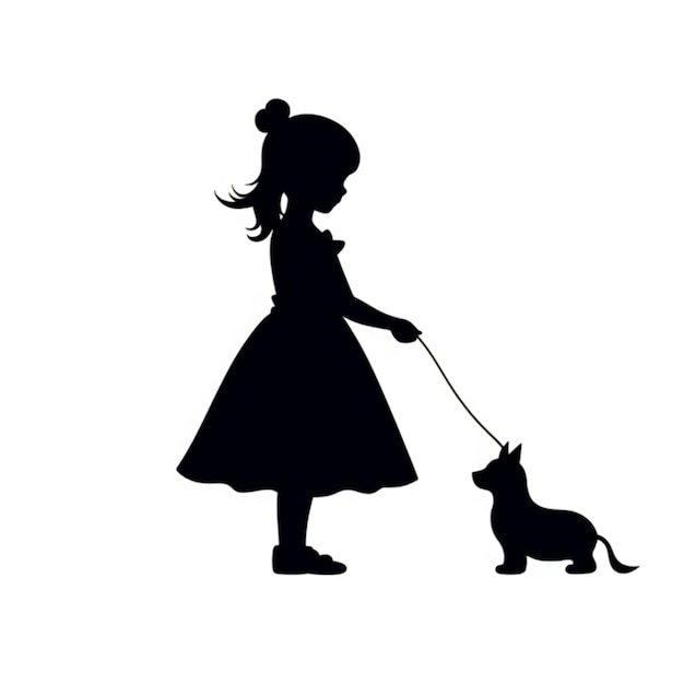 silhouette d'une petite fille promenant un chien en laisse