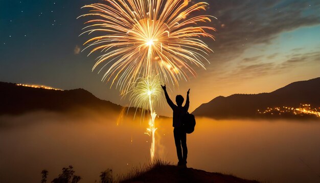 Photo silhouette photo gratuite debout dans la nature vibrante feux d'artifice éclairent la nuit généré par ai