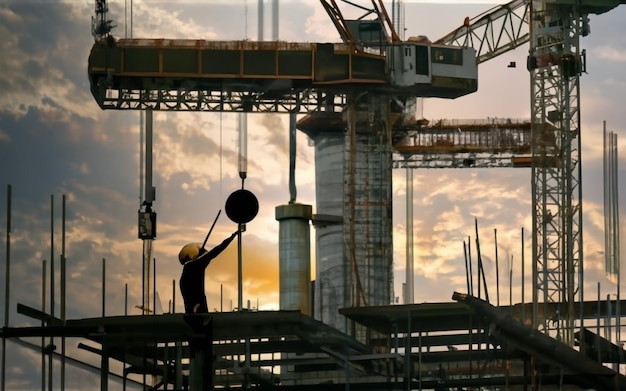 Photo silhouette photo d'un ouvrier du bâtiment avec une grue et un ciel nuageux pour la préparation de