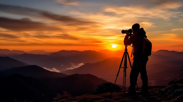 Une silhouette de photo de photographe avec le coucher du soleil de soirée dans les montagnes