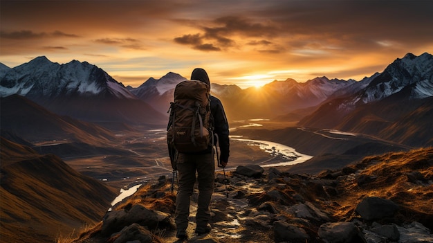 Silhouette d'un photographe prenant une photo avec une montagne en arrière-plan