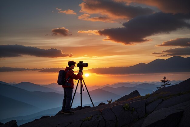 Silhouette d'un photographe qui photographie un coucher de soleil dans les montagnes