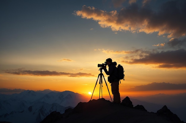 Silhouette d'un photographe qui photographie un coucher de soleil dans les montagnes