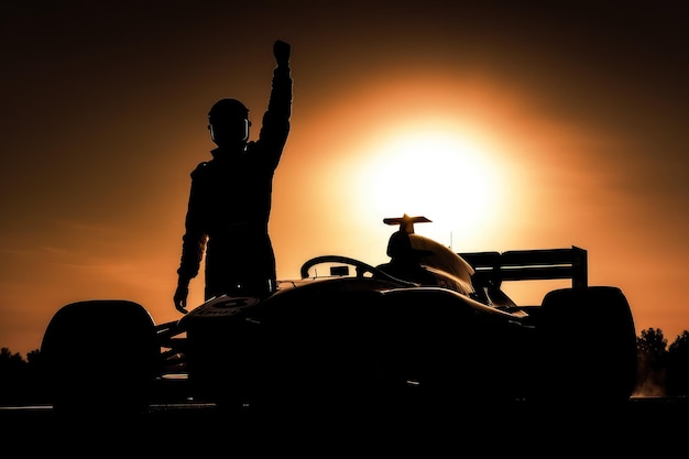 Silhouette de pilote de voiture de course célébrant la victoire AI générative