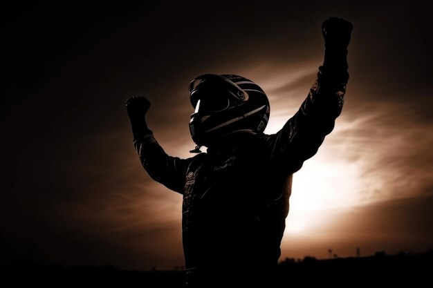 Silhouette de pilote de voiture de course célébrant la victoire AI