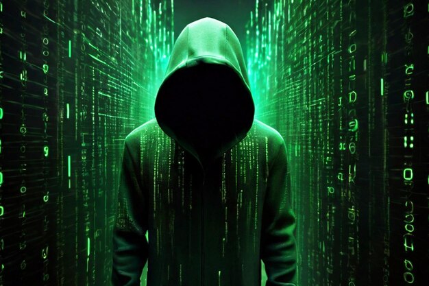 La silhouette d'un pirate informatique avec un code binaire de virus de cybersécurité