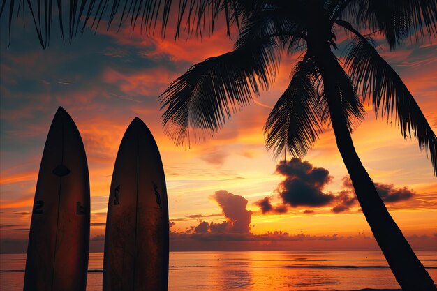 Photo silhouette de planches de surf sur une plage avec un palmier tropical contre un ciel au coucher du soleil