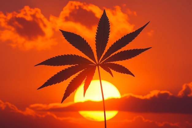 La silhouette d'une plante de marijuana au coucher du soleil