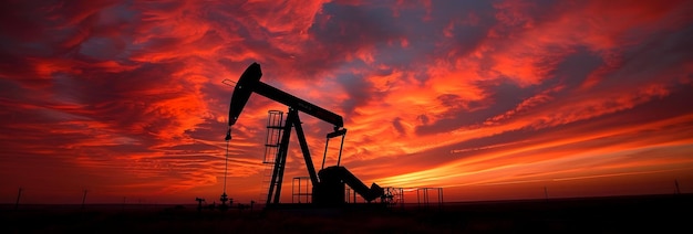 La silhouette d'une plate-forme pétrolière colossale dominant le spectaculaire horizon du coucher de soleil ardent sur les vastes terres océaniques