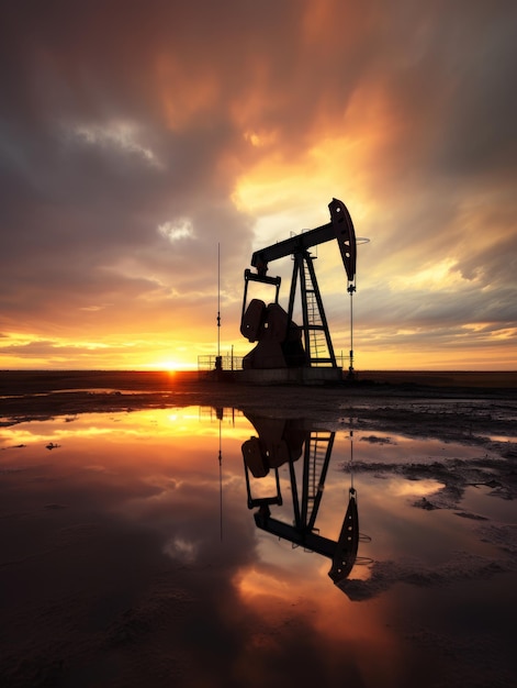 Silhouette de plate-forme pétrolière unique sur fond de coucher de soleil Pompe à carburant se reflétant dans la grande flaque AI générative