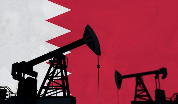 Silhouette de pompe à huile de fond de l'industrie pétrolière et gazière contre un rendu d du drapeau de bahreïn