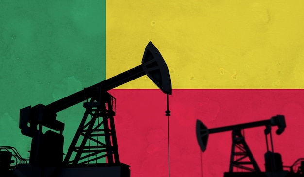 Silhouette de pompe à huile de fond de l'industrie pétrolière et gazière contre un rendu d du drapeau du bénin