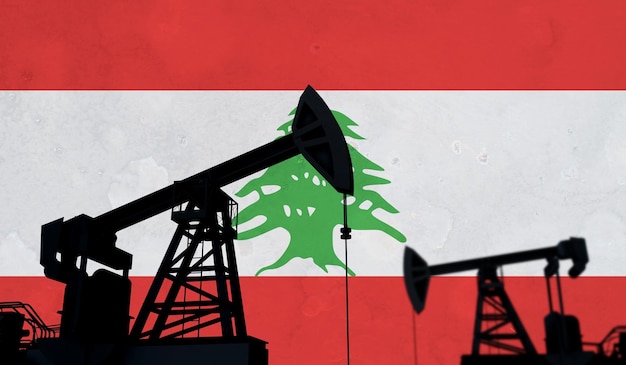 Silhouette de pompe à huile de fond de l'industrie pétrolière et gazière contre le rendu d du drapeau du liban