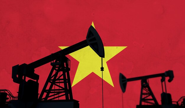 Silhouette de pompe à huile de fond de l'industrie pétrolière et gazière contre le rendu d du drapeau du vietnam