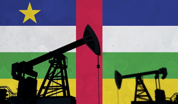 Silhouette de pompe à huile de fond de l'industrie pétrolière et gazière contre le rendu d du drapeau de la république centrafricaine