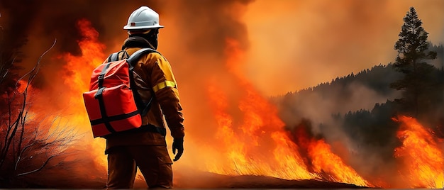 Silhouette d'un pompier devant une forêt en feu