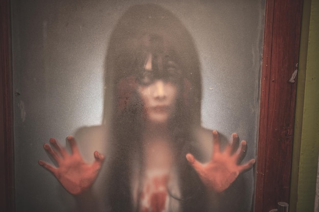 Silhouette Portrait femme asiatique maquillage fantôme Scène d'horreur effrayante pour le fond Concept de festival d'Halloween Affiche de films fantômes