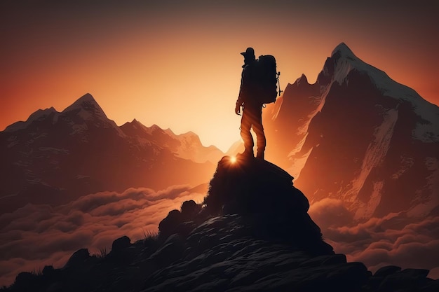 Silhouette d'un randonneur au sommet d'une montagne avec un sac à dos Generative AI