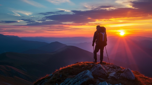 Une silhouette de randonneur solitaire contre le coucher de soleil ardent sur une montagne éloignée