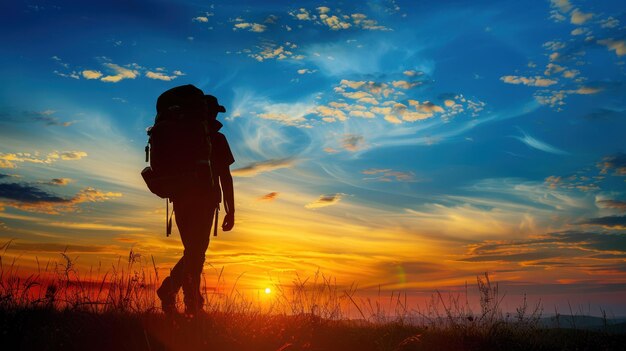 La silhouette d'un randonneur solitaire avec un sac à dos est vue contre les couleurs vives d'un ciel de coucher de soleil dans le désert