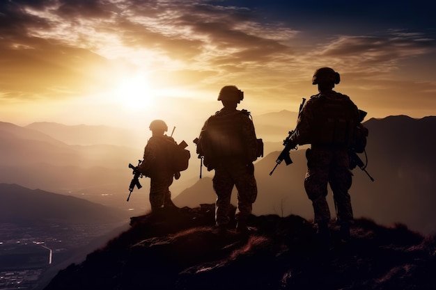 silhouette des rangers de l'armée des états-unis sur la montagne au coucher du soleil avec la lumière du soleil