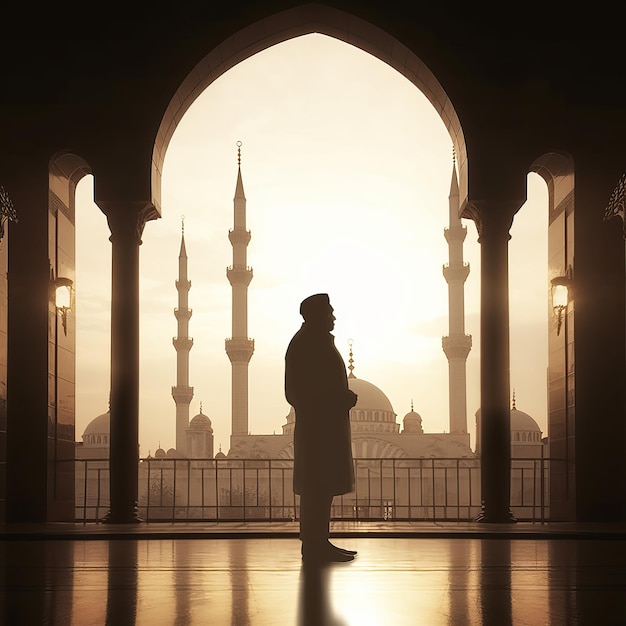 Silhouette réaliste gratuite de l'Aïd Moubarak de la lune et de la mosquée IA générative