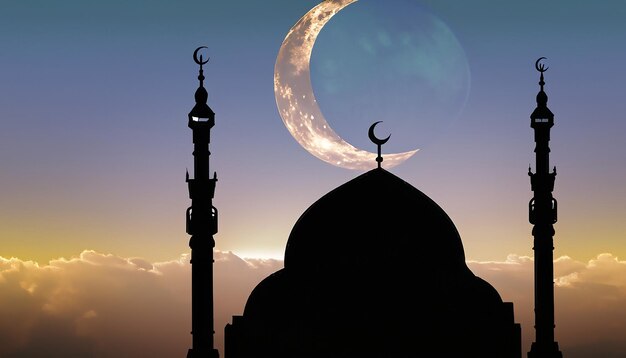 Photo une silhouette réaliste de la lune et de la mosquée sur la vue du ciel