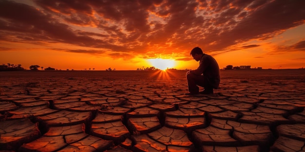 Silhouette Sad Man on Crackle Earth Changement climatique et concept de réchauffement global Ai générative