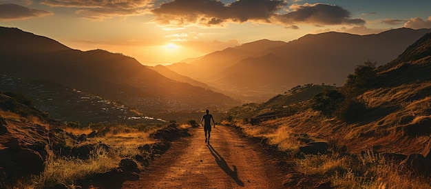 Photo silhouette d'un seul coureur de sentier au lever du soleil en courant dans les montagnes avec un sentier escarpé