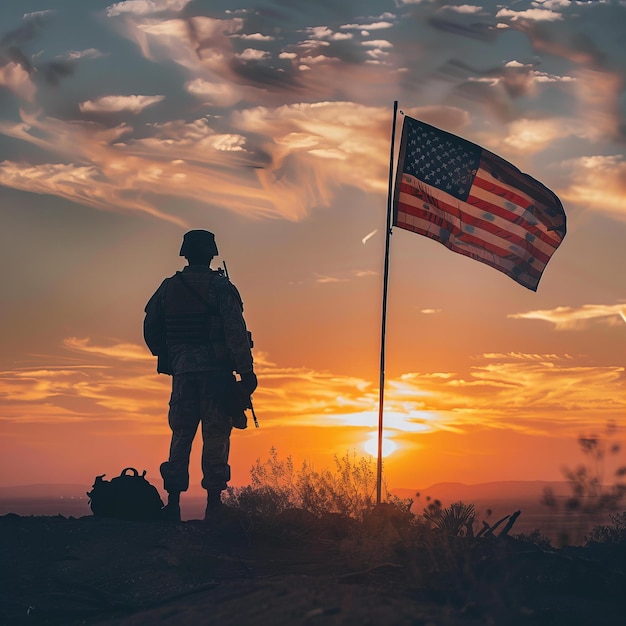 Photo silhouette de soldat américain avec coucher de soleil du drapeau