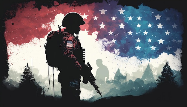 Silhouette de soldat américain dans des couleurs patriotiques peinture à l'aquarelle