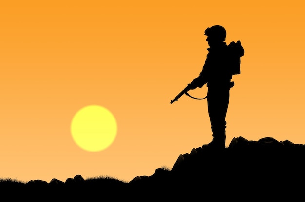 Silhouette de soldat avec une arme à feu sur fond de coucher de soleil