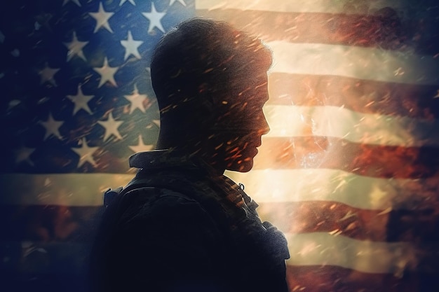 Silhouette de soldat sur fond de drapeau américain USA jour de l'indépendance concept de jour de patriote Illustration de texture