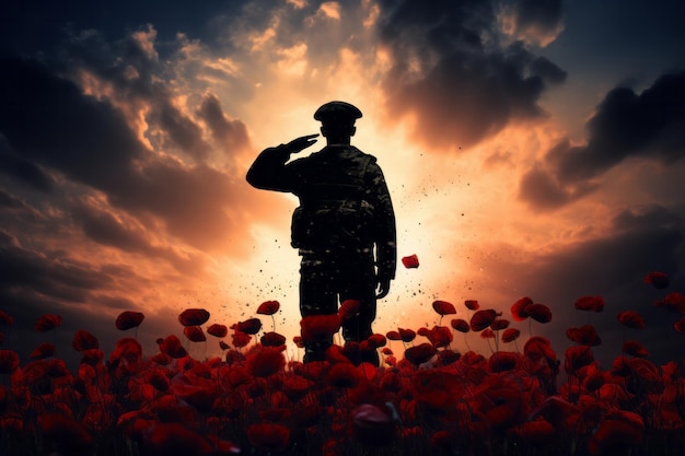 Une silhouette d'un soldat militaire debout dans un champ de coquelicots le jour du souvenir