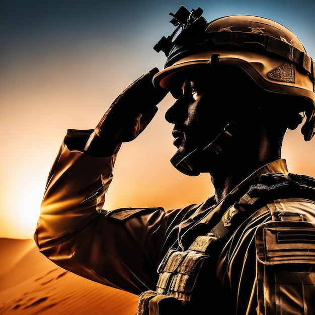 Photo silhouette d'un soldat saluant pendant les forces armées du concept sunset